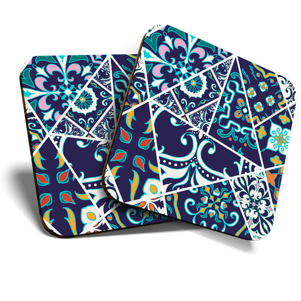 Great Coasters (Set of 2) Square / Glossy Quality Coasters / Tabletop Protection for Any Table Type - Pretty Blue Mosaic Pattern  #3488