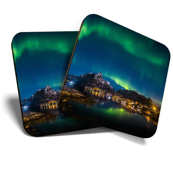 Great Coasters (Set of 2) Square / Glossy Quality Coasters / Tabletop Protection for Any Table Type - Cool Aurora Borealis Norway  #3490