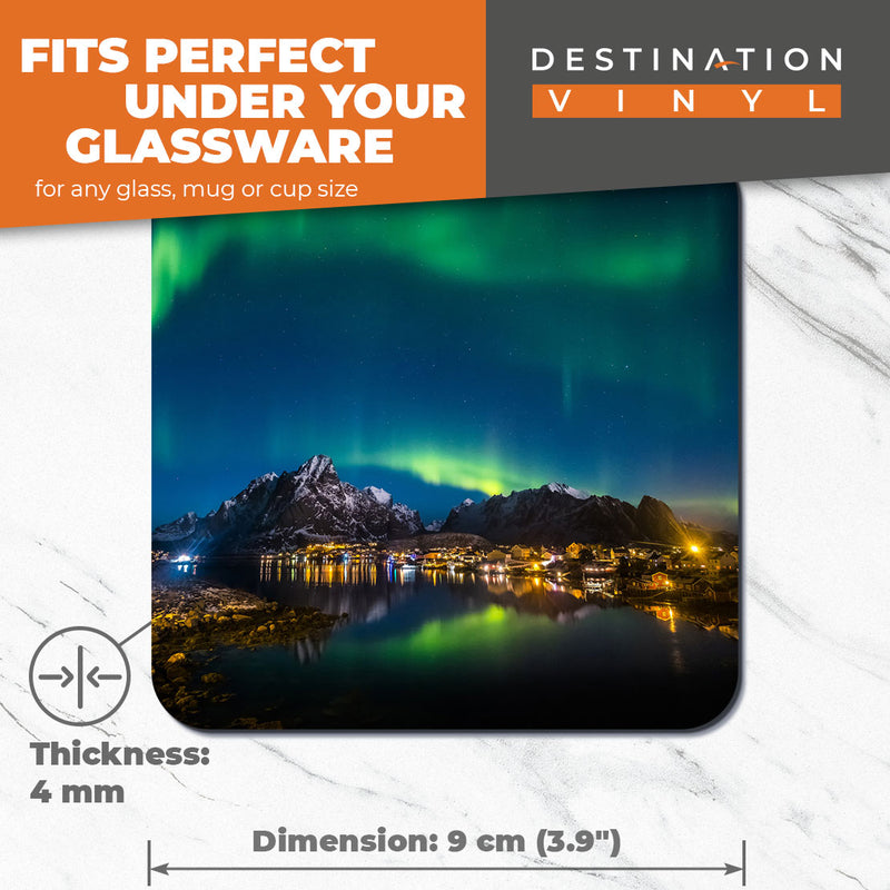 Great Coasters (Set of 2) Square / Glossy Quality Coasters / Tabletop Protection for Any Table Type - Cool Aurora Borealis Norway