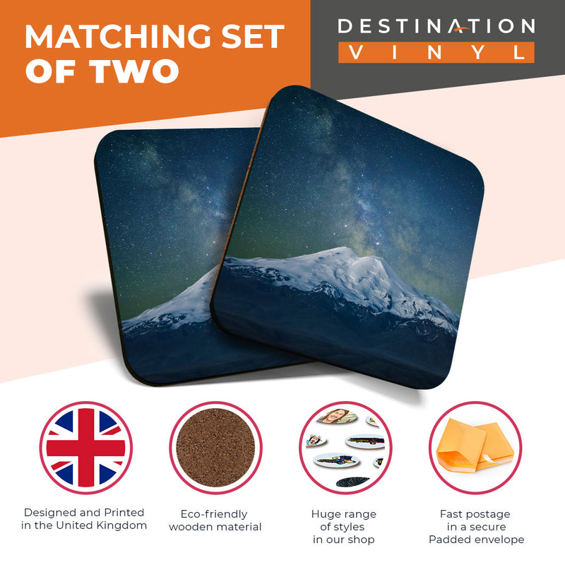 Great Coasters (Set of 2) Square / Glossy Quality Coasters / Tabletop Protection for Any Table Type - Milky Way Mountain Scene Ski