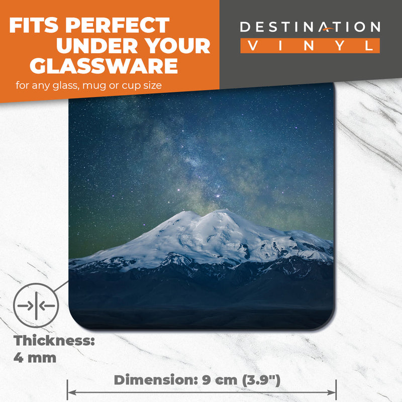 Great Coasters (Set of 2) Square / Glossy Quality Coasters / Tabletop Protection for Any Table Type - Milky Way Mountain Scene Ski