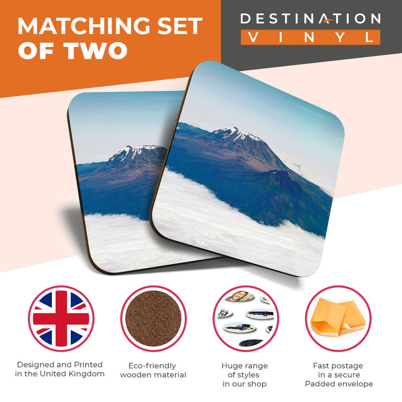 Great Coasters (Set of 2) Square / Glossy Quality Coasters / Tabletop Protection for Any Table Type - Mount Kilimanjaro Africa