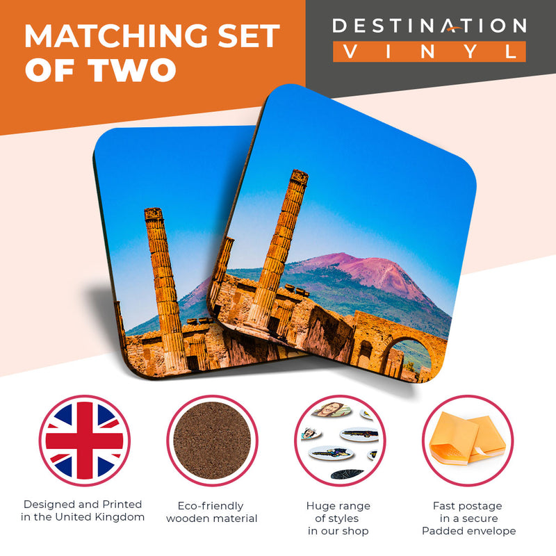 Great Coasters (Set of 2) Square / Glossy Quality Coasters / Tabletop Protection for Any Table Type - Mount Vesuvius Italy Pompeii