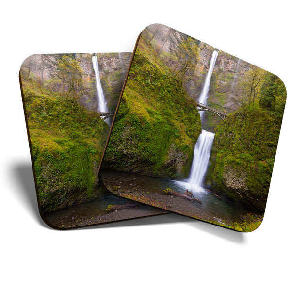 Great Coasters (Set of 2) Square / Glossy Quality Coasters / Tabletop Protection for Any Table Type - Cool Multnomah Falls Oregon  #3500