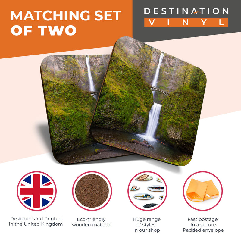 Great Coasters (Set of 2) Square / Glossy Quality Coasters / Tabletop Protection for Any Table Type - Cool Multnomah Falls Oregon