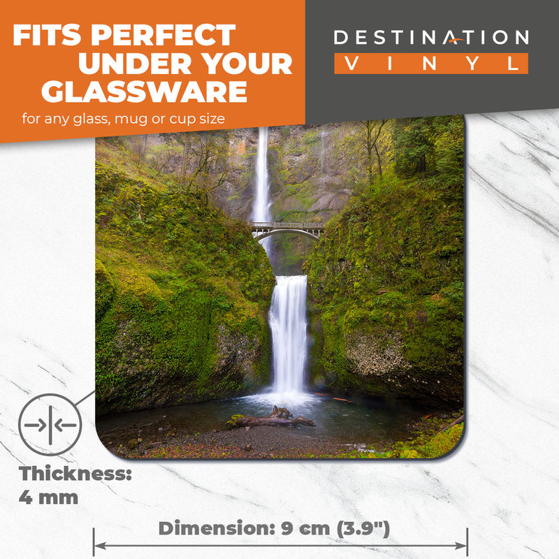Great Coasters (Set of 2) Square / Glossy Quality Coasters / Tabletop Protection for Any Table Type - Cool Multnomah Falls Oregon