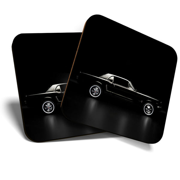 Great Coasters (Set of 2) Square / Glossy Quality Coasters / Tabletop Protection for Any Table Type - Cool Black Mustang Retro Car  #3502