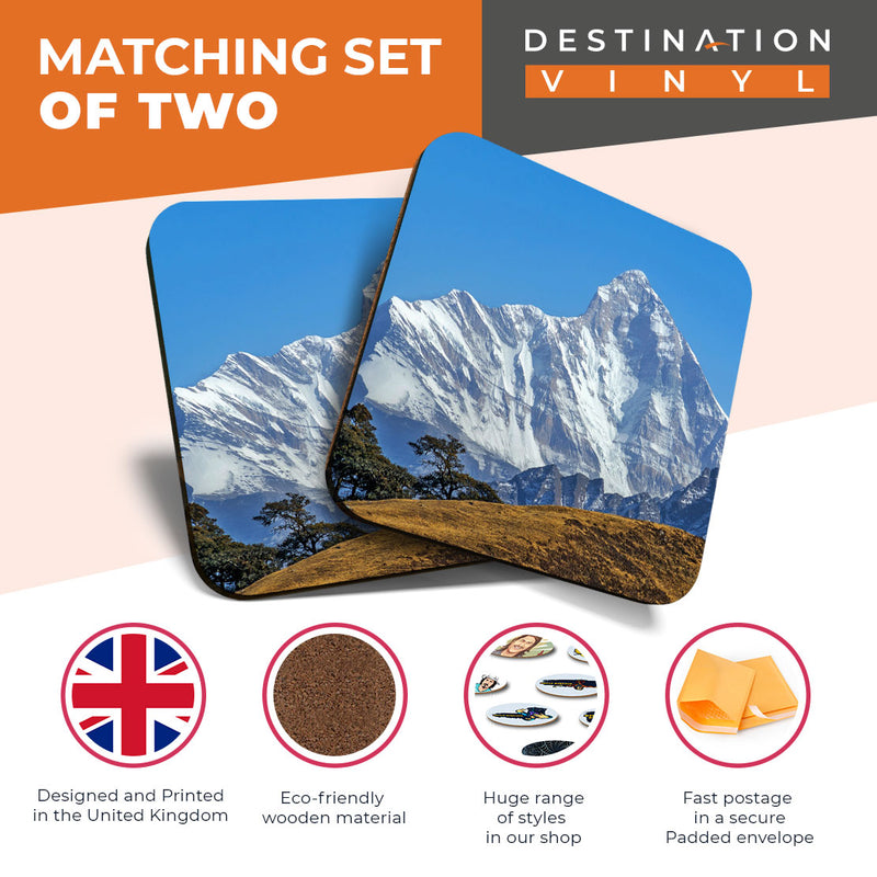 Great Coasters (Set of 2) Square / Glossy Quality Coasters / Tabletop Protection for Any Table Type - Nanda Devi Mountain India