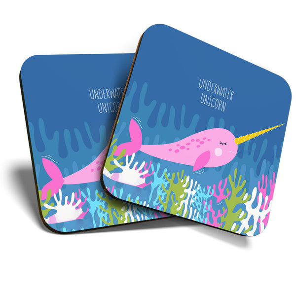 Great Coasters (Set of 2) Square / Glossy Quality Coasters / Tabletop Protection for Any Table Type - Pink Narwhal Unicorn Whale  #3504