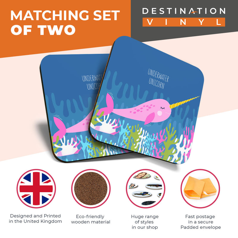 Great Coasters (Set of 2) Square / Glossy Quality Coasters / Tabletop Protection for Any Table Type - Pink Narwhal Unicorn Whale