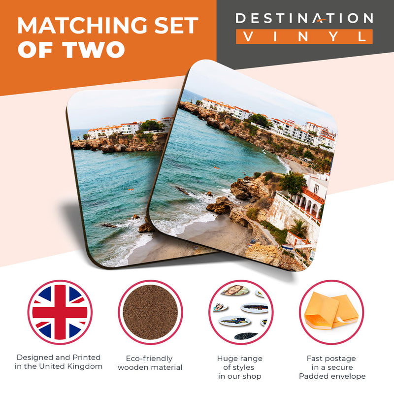 Great Coasters (Set of 2) Square / Glossy Quality Coasters / Tabletop Protection for Any Table Type - Nerja Costa del Sol Spain