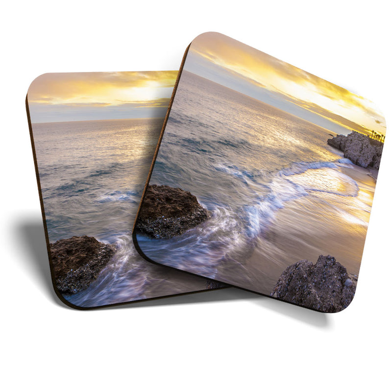 Great Coasters (Set of 2) Square / Glossy Quality Coasters / Tabletop Protection for Any Table Type - Malaga Beach Sunset Spain