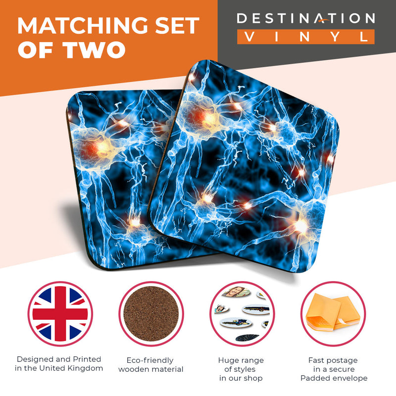 Great Coasters (Set of 2) Square / Glossy Quality Coasters / Tabletop Protection for Any Table Type - Nerve Cell Biology Science
