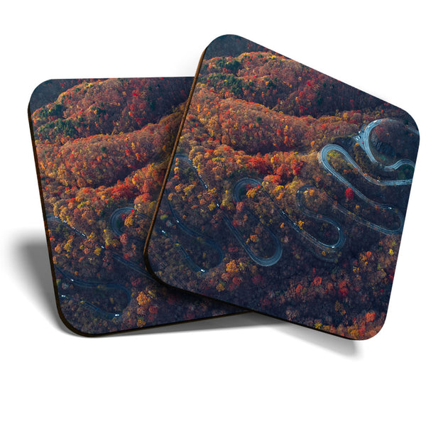 Great Coasters (Set of 2) Square / Glossy Quality Coasters / Tabletop Protection for Any Table Type - Nikko Mountain Japan Road  #3515