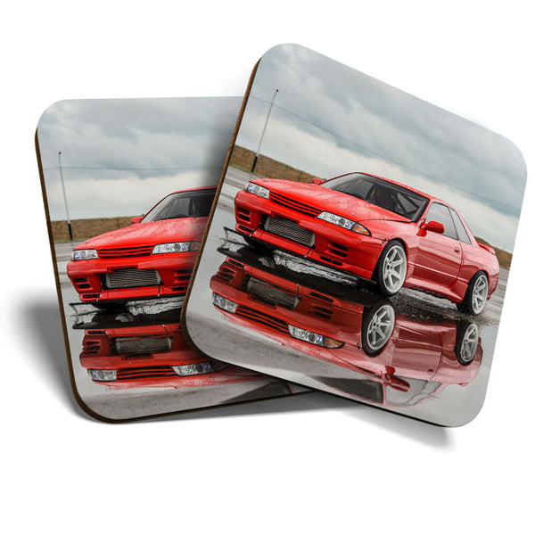 Great Coasters (Set of 2) Square / Glossy Quality Coasters / Tabletop Protection for Any Table Type - Nissan Skyline R32 Red Car  #3517