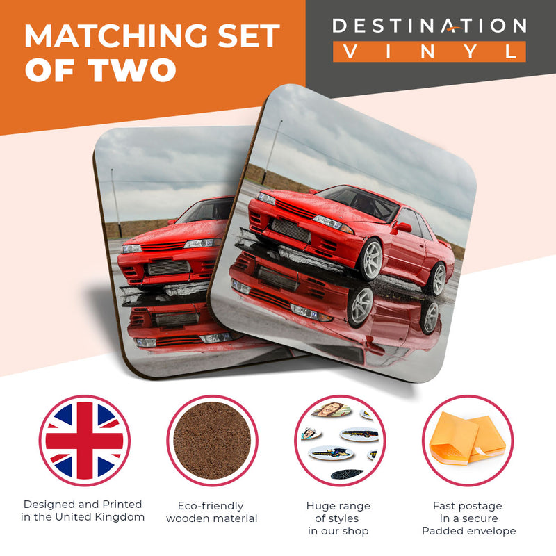 Great Coasters (Set of 2) Square / Glossy Quality Coasters / Tabletop Protection for Any Table Type - Nissan Skyline R32 Red Car