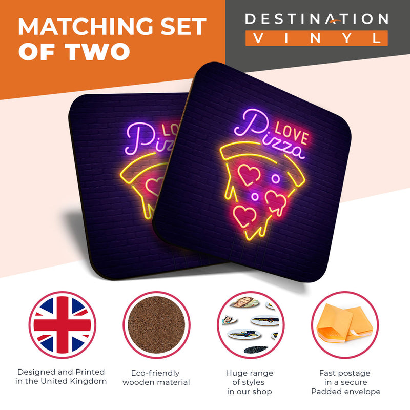 Great Coasters (Set of 2) Square / Glossy Quality Coasters / Tabletop Protection for Any Table Type - Funny Neon Love Pizza Sign