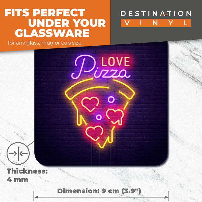 Great Coasters (Set of 2) Square / Glossy Quality Coasters / Tabletop Protection for Any Table Type - Funny Neon Love Pizza Sign