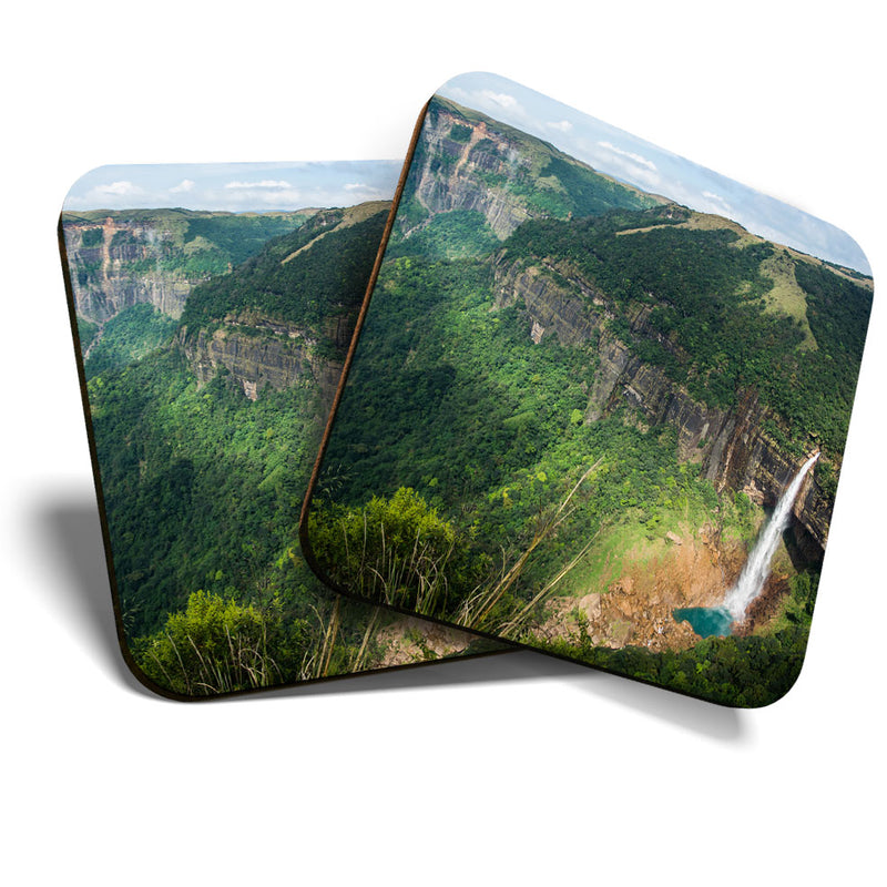 Great Coasters (Set of 2) Square / Glossy Quality Coasters / Tabletop Protection for Any Table Type - Nohkalikai Falls India View