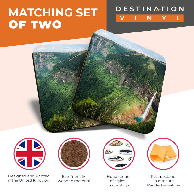 Great Coasters (Set of 2) Square / Glossy Quality Coasters / Tabletop Protection for Any Table Type - Nohkalikai Falls India View