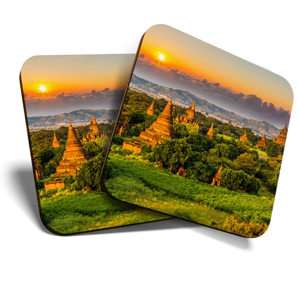 Great Coasters (Set of 2) Square / Glossy Quality Coasters / Tabletop Protection for Any Table Type - Temples Bagan Myanmar Burma  #3528