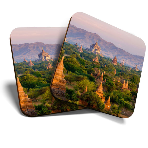 Great Coasters (Set of 2) Square / Glossy Quality Coasters / Tabletop Protection for Any Table Type - Temples Bagan Myanmar Burma  #3529