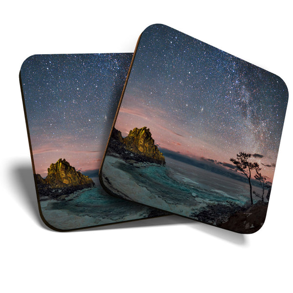 Great Coasters (Set of 2) Square / Glossy Quality Coasters / Tabletop Protection for Any Table Type - Lake Baikal Milky Way Sky  #3533