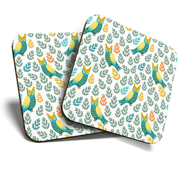 Great Coasters (Set of 2) Square / Glossy Quality Coasters / Tabletop Protection for Any Table Type - Pretty Owl Pattern Nature  #3543
