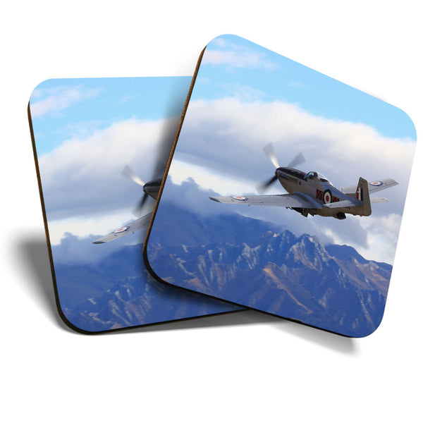 Great Coasters (Set of 2) Square / Glossy Quality Coasters / Tabletop Protection for Any Table Type - P-51D Mustang Retro Airplane  #3544