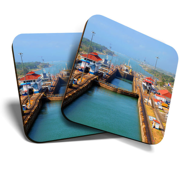 Great Coasters (Set of 2) Square / Glossy Quality Coasters / Tabletop Protection for Any Table Type - Panama Canal Pacific Ocean  #3547