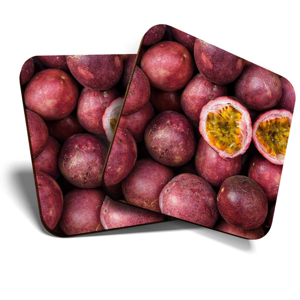 Great Coasters (Set of 2) Square / Glossy Quality Coasters / Tabletop Protection for Any Table Type - Passion Fruit Tropical Food  #3554