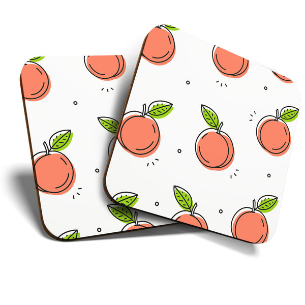 Great Coasters (Set of 2) Square / Glossy Quality Coasters / Tabletop Protection for Any Table Type - Peaches Illustrations Fruit  #3559