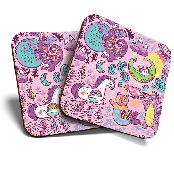 Great Coasters (Set of 2) Square / Glossy Quality Coasters / Tabletop Protection for Any Table Type - Pink Fantasy Animals Unicorn  #3567