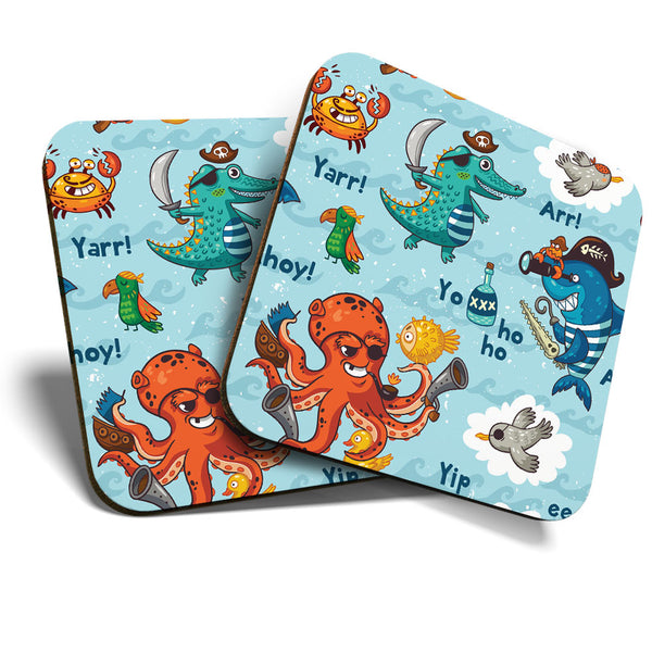 Great Coasters (Set of 2) Square / Glossy Quality Coasters / Tabletop Protection for Any Table Type - Pirate Crocodile Octopus Shark  #3570