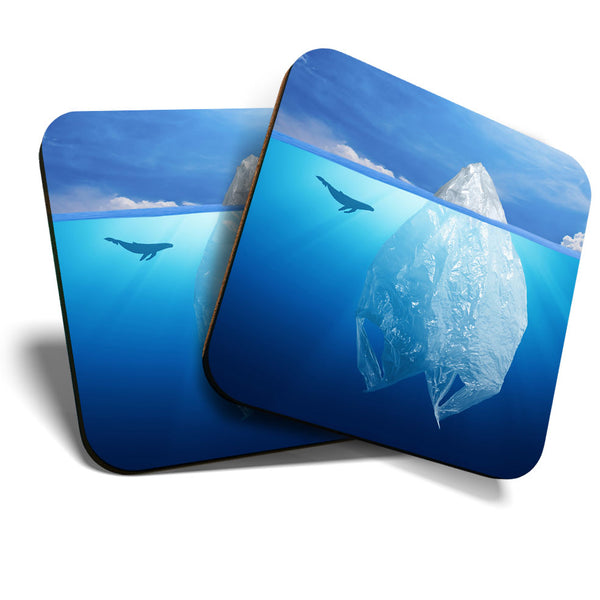 Great Coasters (Set of 2) Square / Glossy Quality Coasters / Tabletop Protection for Any Table Type - Plastic Bag Iceberg Pollution  #3571