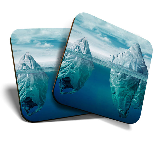 Great Coasters (Set of 2) Square / Glossy Quality Coasters / Tabletop Protection for Any Table Type - Plastic Bag Iceberg Pollution  #3572