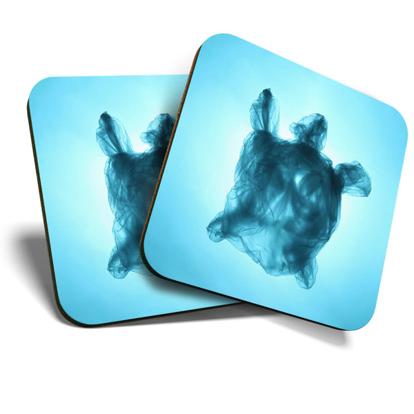 Great Coasters (Set of 2) Square / Glossy Quality Coasters / Tabletop Protection for Any Table Type - Plastic Bag Turtle Pollution  #3573
