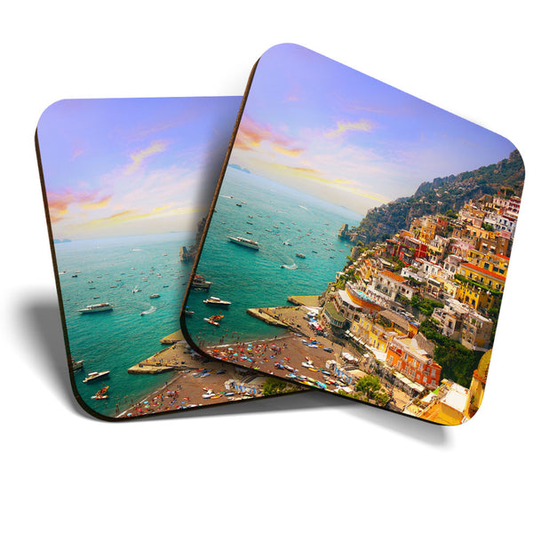 Great Coasters (Set of 2) Square / Glossy Quality Coasters / Tabletop Protection for Any Table Type - Positano Amalfi Italy Travel  #3579