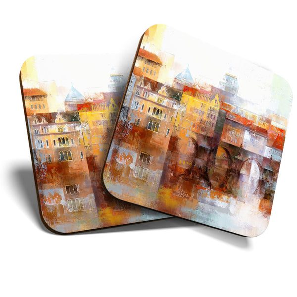 Great Coasters (Set of 2) Square / Glossy Quality Coasters / Tabletop Protection for Any Table Type - Beautiful Watercolour Prague  #3581