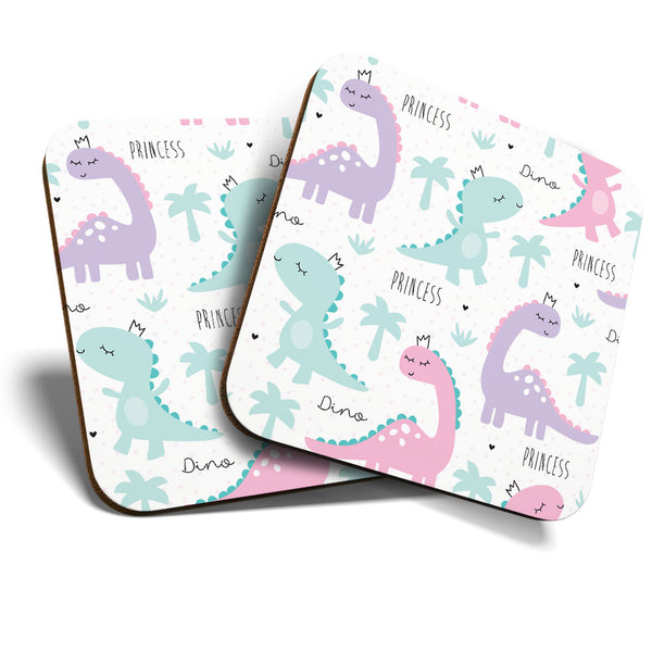 Great Coasters (Set of 2) Square / Glossy Quality Coasters / Tabletop Protection for Any Table Type - Adorable Princess Dinosaurs  #3583