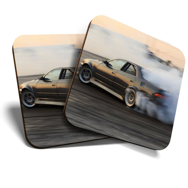 Great Coasters (Set of 2) Square / Glossy Quality Coasters / Tabletop Protection for Any Table Type - Race Car Drifting on Track  #3593