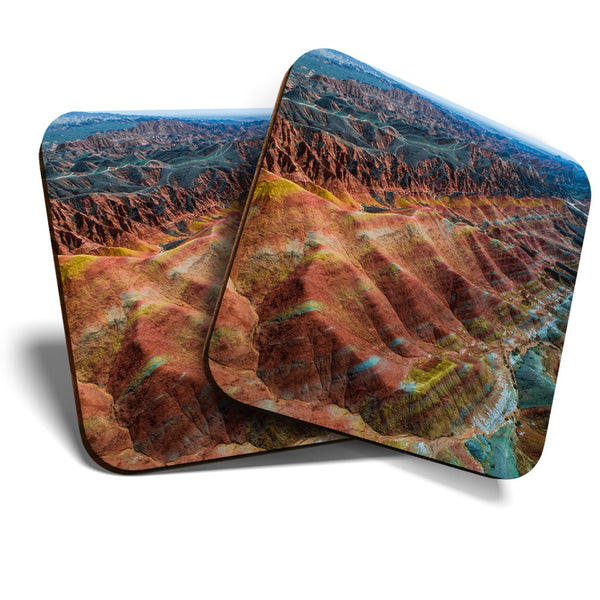 Great Coasters (Set of 2) Square / Glossy Quality Coasters / Tabletop Protection for Any Table Type - Rainbow Mountains of Zhangye  #3604