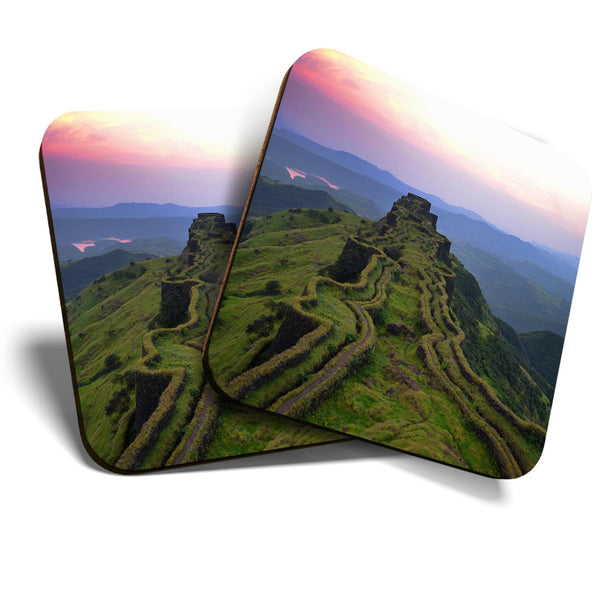 Great Coasters (Set of 2) Square / Glossy Quality Coasters / Tabletop Protection for Any Table Type - Rajgad Sunset India Landscape  #3606