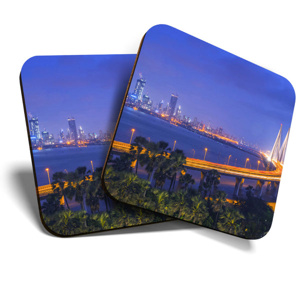 Great Coasters (Set of 2) Square / Glossy Quality Coasters / Tabletop Protection for Any Table Type - Mumbai India Sea Link Bridge  #3607