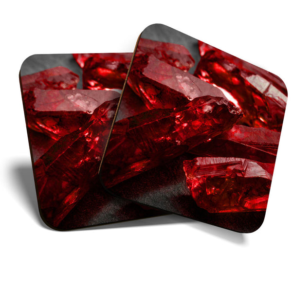 Great Coasters (Set of 2) Square / Glossy Quality Coasters / Tabletop Protection for Any Table Type - Deep Red Uncut Ruby Crystals  #3613