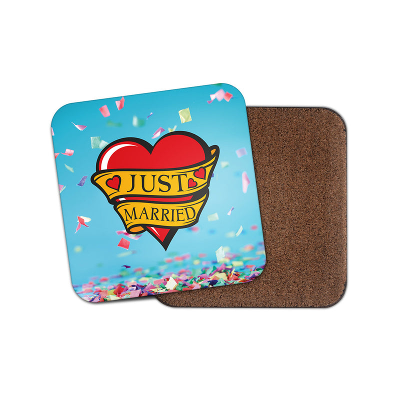 Just Married Wedding Drinks Mat Square Cork Backed Tea Coffee