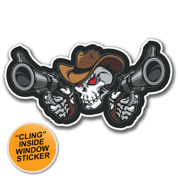 2 x Cowboy Pistol Skull Bike WINDOW CLING STICKER Car Van Campervan Glass #4084 