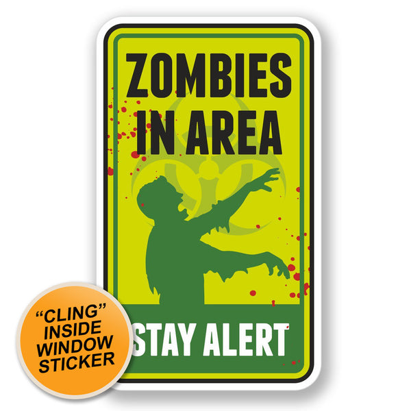 2 x Zombie Warning Sign WINDOW CLING STICKER Car Van Campervan Glass #4100 