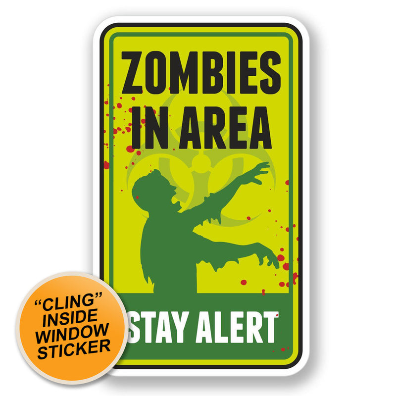 2 x Zombie Warning Sign WINDOW CLING STICKER Car Van Campervan Glass