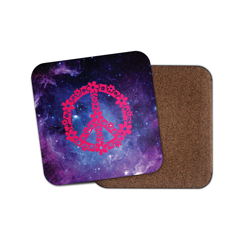 Pink Flowery Peace Symbol Cork Backed Drinks Coaster for Tea & Coffee